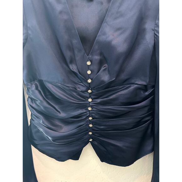 🆕 DONNA RICCO | Petite Dark Blue Silk Corset Fitted Long Sleeve Blouse | 10 - Picture 4 of 7